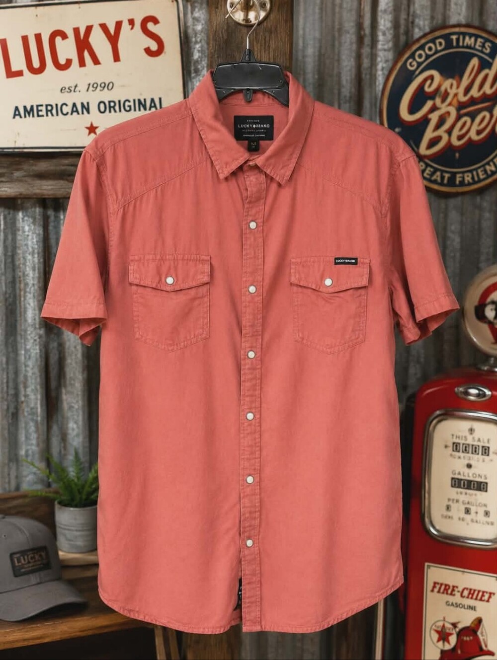 Lucky Brand Men’s Medium Pearl Snap Western Shirt Coral Washed Worn Vintage Fade